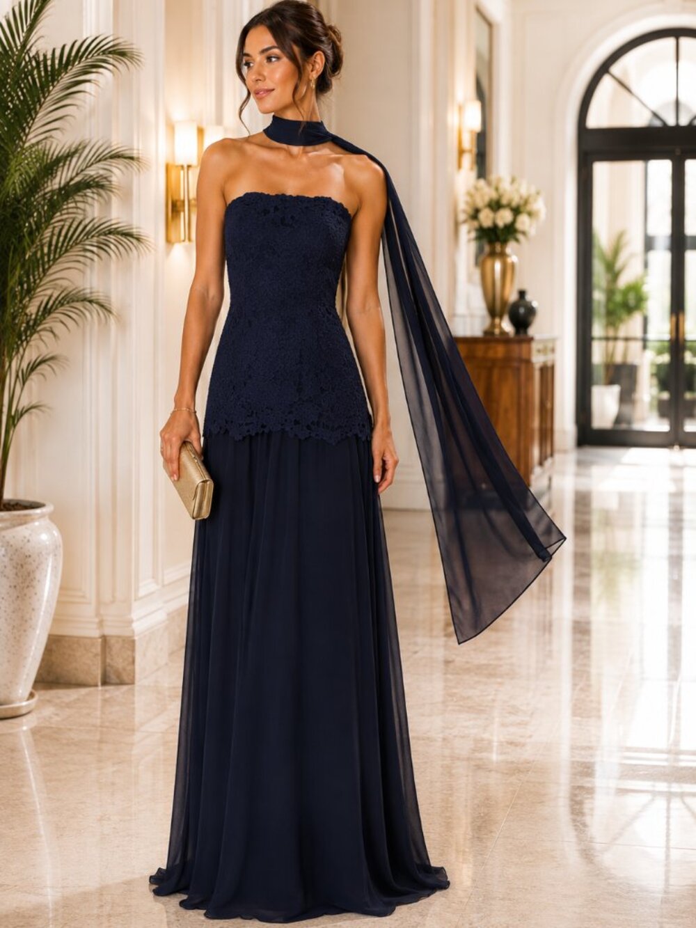 Camila Coelho Navy Strapless Lace Evening Gown Wedding Guest Formal Dress NWT M